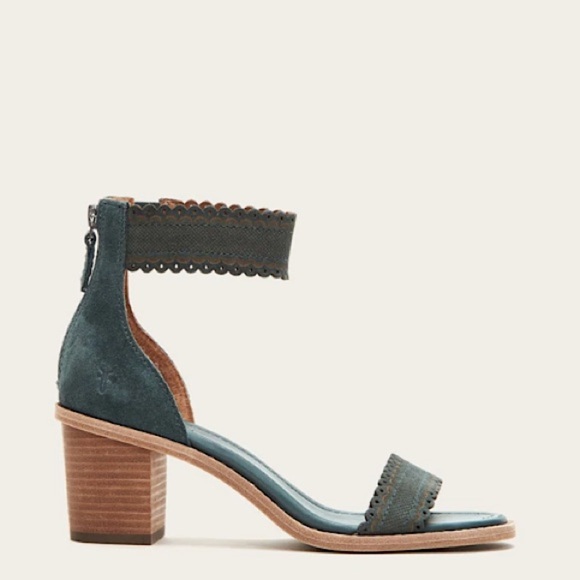 Frye Teal/Turquoise Brielle Scallop Leather Suede Ankle Strap Heel Pumps/Sandals - Picture 2 of 16